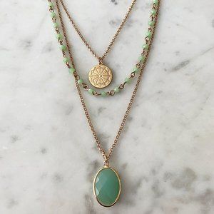 New 14K Gold Over Sterling Silver Green Chalcedony Layered Necklace